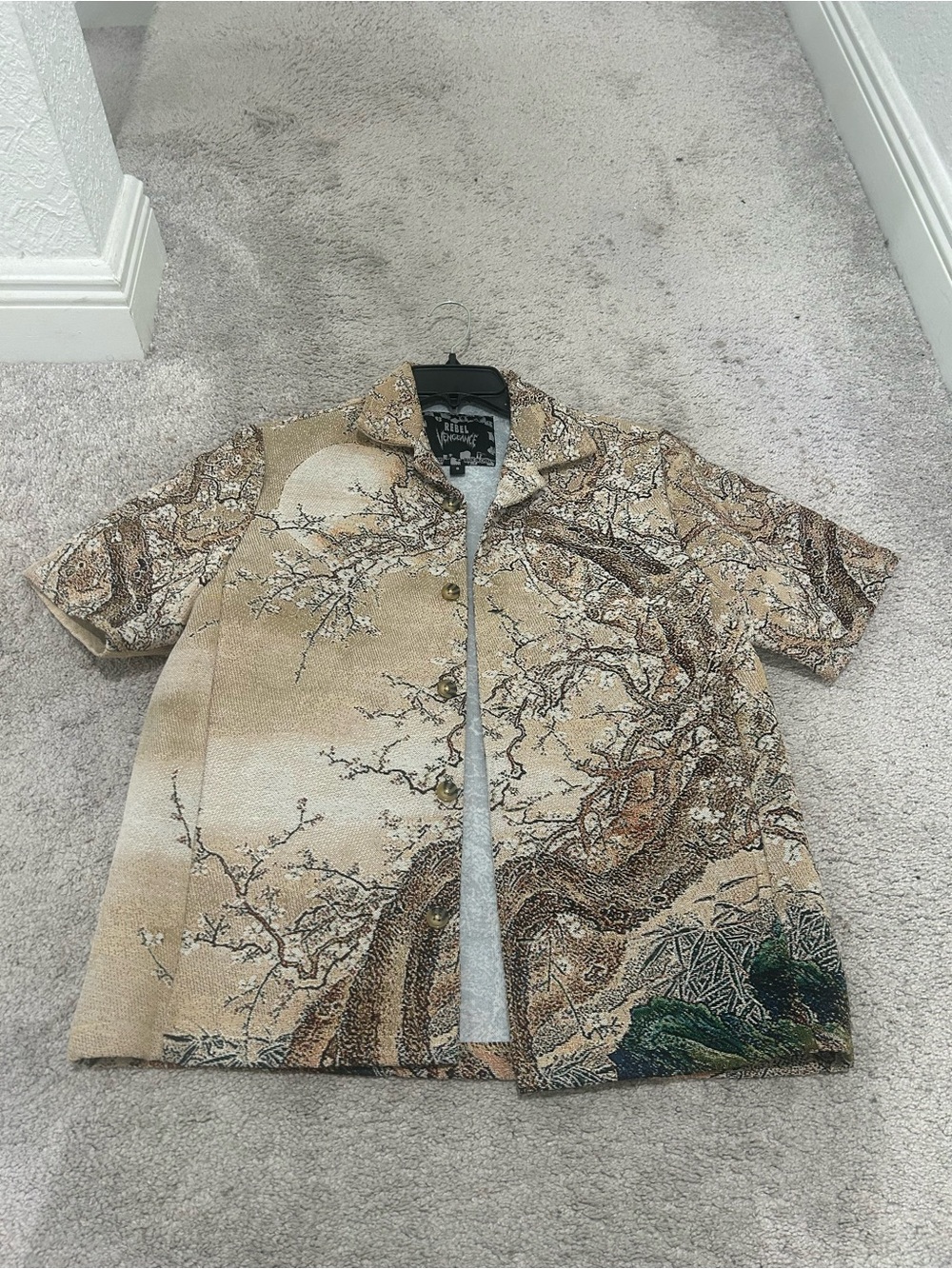 Short-Sleeve Beige Tree Print Camp Shirt